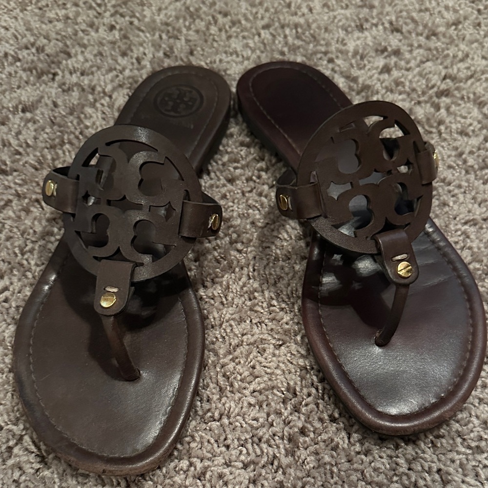 Tory Burch Dark Brown Leather Thong Sandals
